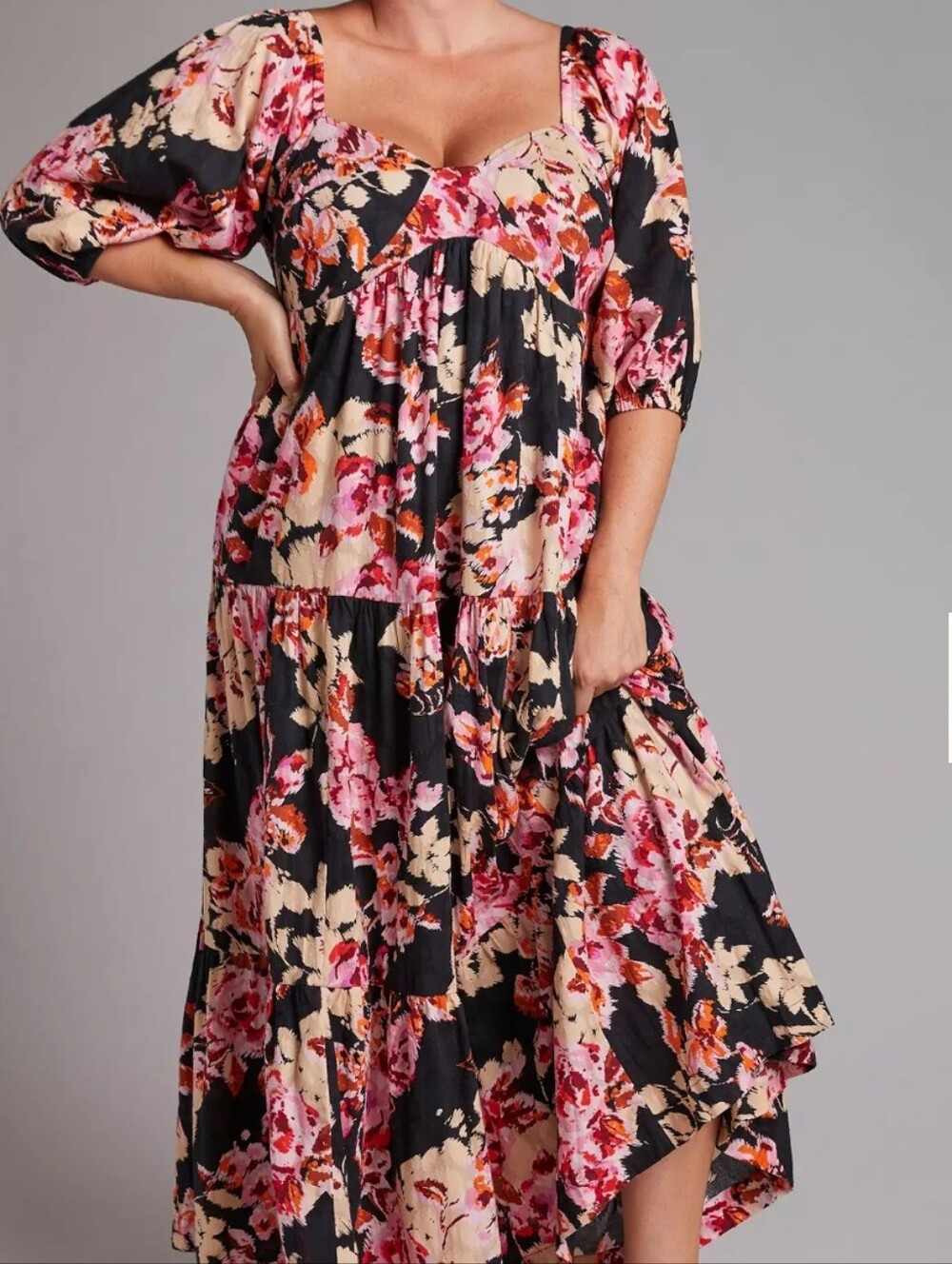 Anthropologie Blossom Maxi Dress Floral Puff Sleeve Black Multi Size L Boho Glam